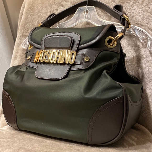 Moschino Handbags - NWOT Moschino Large Black Nylon and Brown Leather Monogram Satchel Shoulder Bag